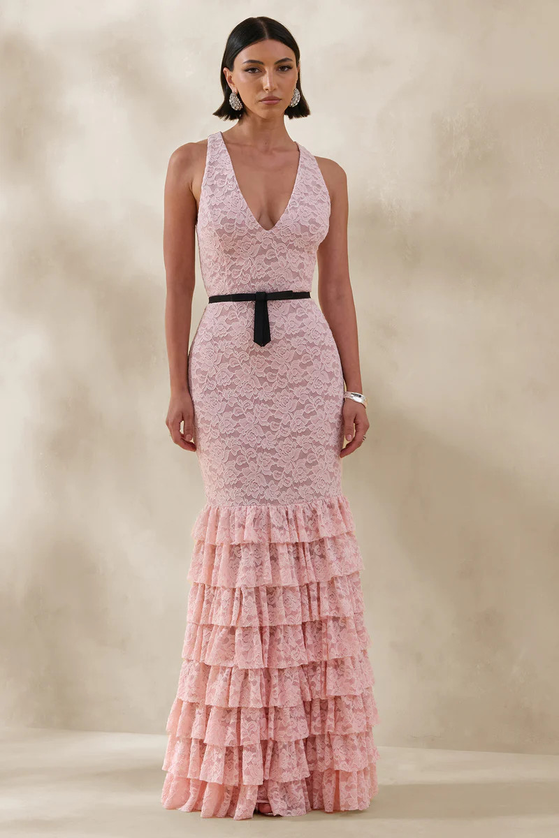 Isoria  Pink And Black Lace Halter-Neck Maxi Dress With Bow-Belt Detail | Club L London