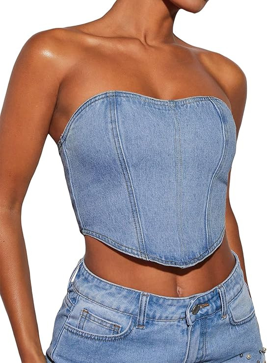 Verdusa Women's Zip Up Asymmetrical Hem Strapless Sleeveless Denim Crop Tube Top | Amazon (US)