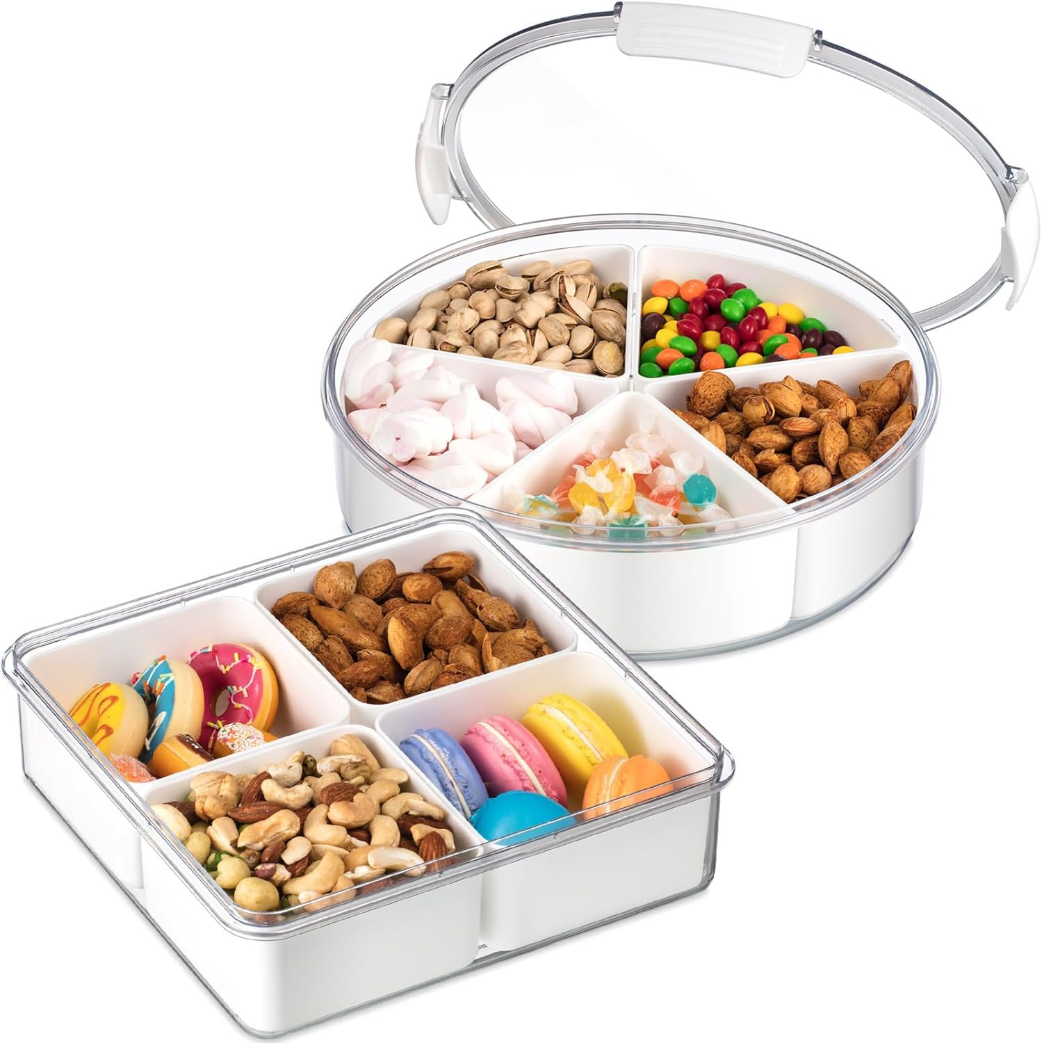 Uiifan 2 Pcs Plastic Divided Serving Tray with Lids, Square and Round Party Appetizer Tray Contai... | Amazon (US)