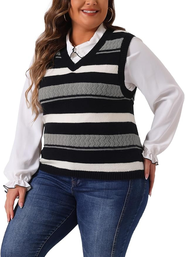 Agnes Orinda Plus Size Sweaters for Women Sleeveless V Neck Striped Knit Casual Pullover Sweater ... | Amazon (US)