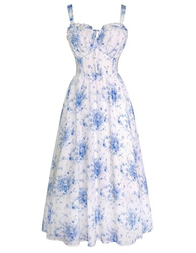 Easter Dresses for Women Floral Corset Dress Summer Flowy Dress with Pocket Blue XL | Amazon (US)