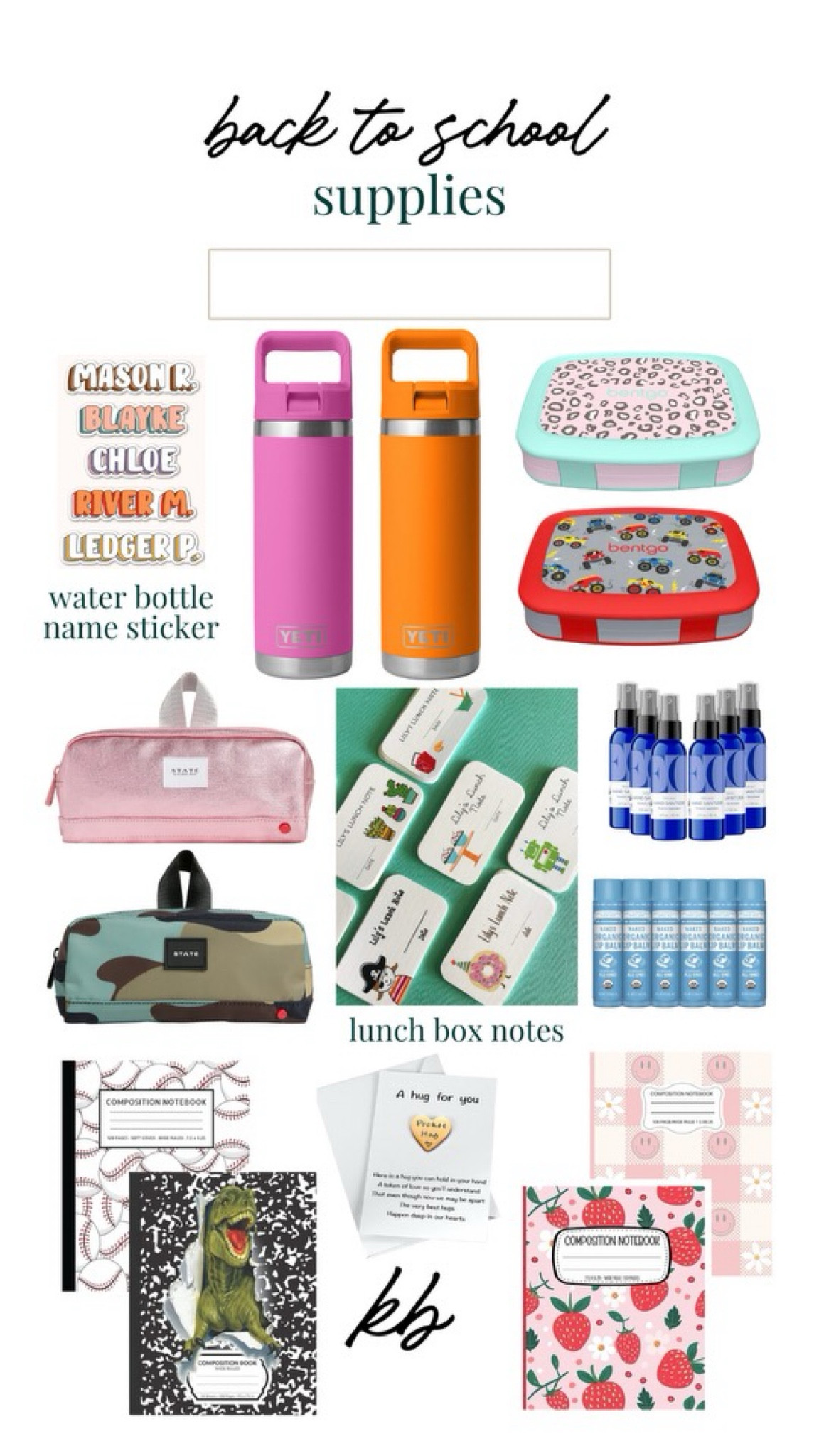 back to school // supplies // name decal // water bottle name sticker // bentgo lunch box // yeti water bottle // STATE pencil case // lunch note cards // composition notebook // notebook // hand sanitizer // lip balm // Dr Bronner’s // heart pocket hug // first day // kids // family // elementary school 

#LTKBacktoSchool #LTKKids #LTKFindsUnder50