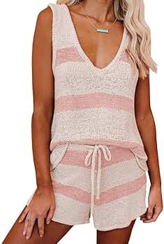 Womens Summer 2 Piece Outfits Sexy Sheer Romper Stripe Jumpsuit Casual Strappy Tie Waisted Beach ... | Amazon (US)