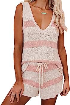 Womens Summer 2 Piece Outfits Sexy Sheer Romper Stripe Jumpsuit Casual Strappy Tie Waisted Beach ... | Amazon (US)