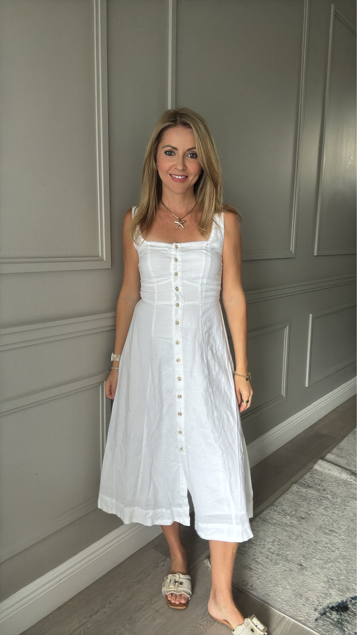 Summer necklace and the cutest summer button down linen dress .

#LTKgrwm #LTKootd #LTKmomlife