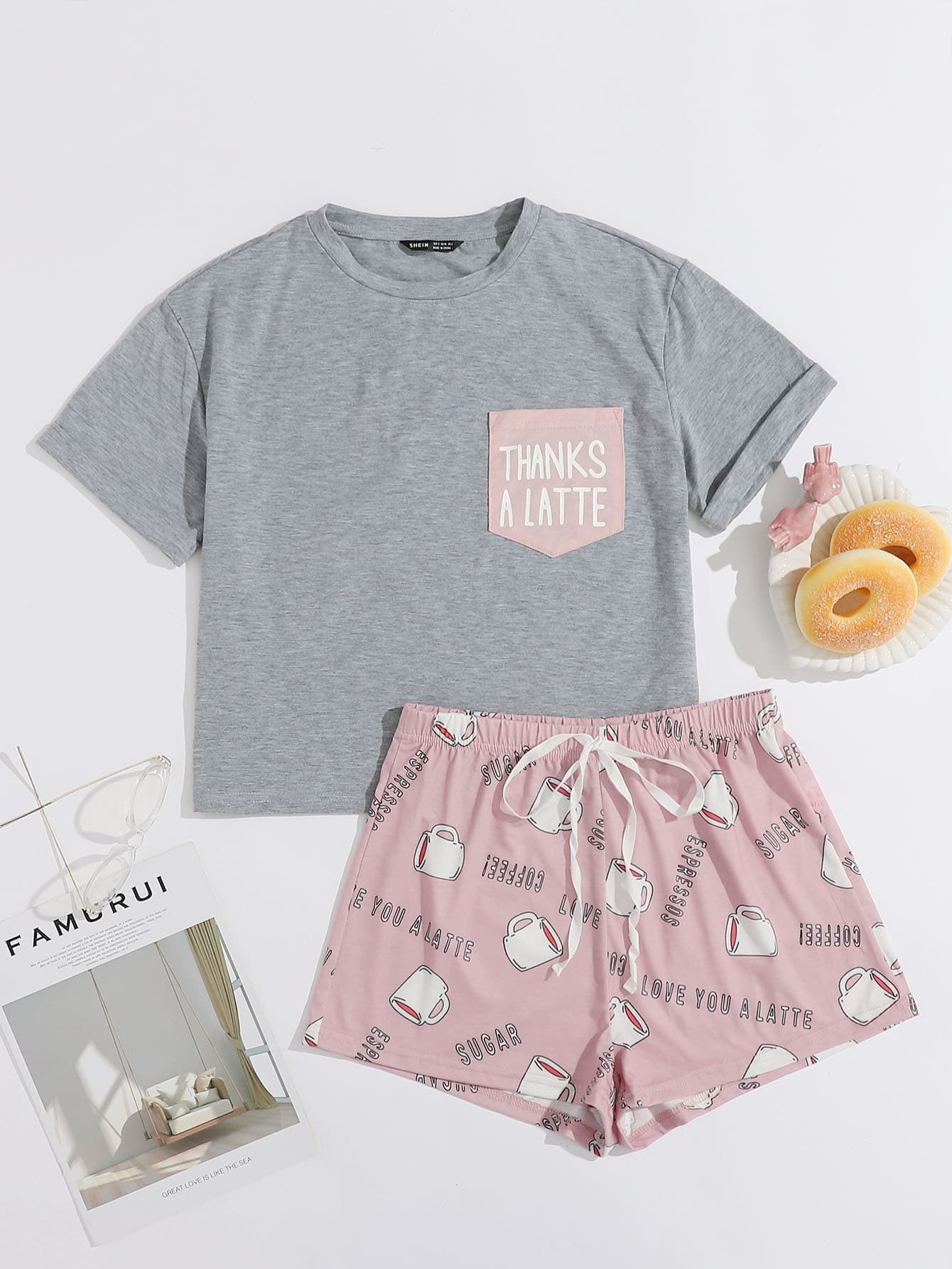 SHEIN Slogan Graphic Pocket Front Top & Shorts PJ Set | SHEIN