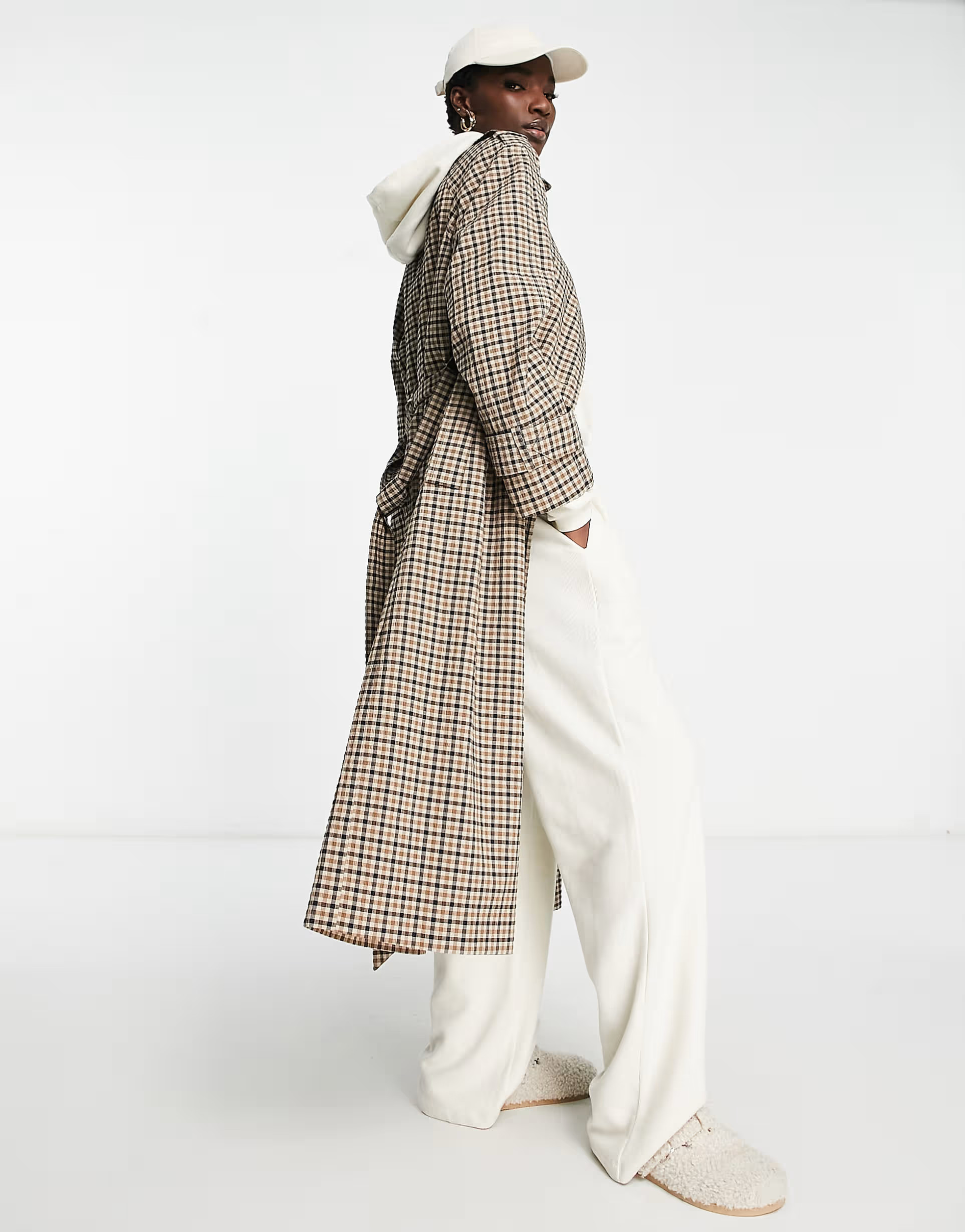 ASOS DESIGN check trench coat in brown | ASOS (Global)