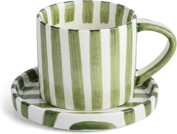 8 oz Hand-Painted Striped Ceramic Coffee Mug & Saucer Set, Retro Cappuccino Cup, Underglaze Safe,... | Amazon (US)
