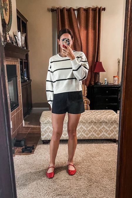 Sweatshirt true to size.  Relaxed fit.
Shorts true to size.  They have stretch.
Ballet flats true to size.   Very comfortable.  Great heel alternative. 
Use code ERIN20 on my jewelry and Common Thread.  I shower and sleep in it because I’m lazy and it’s held up! 

#LTKfitness #LTKover40 #LTKstyletip