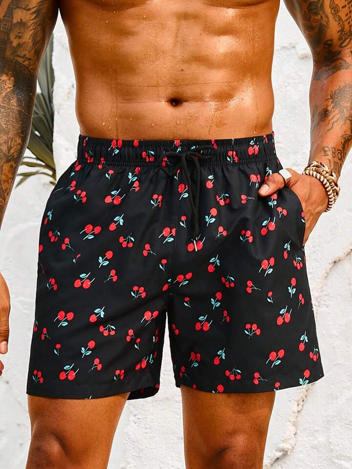 Manfinity Swimmode Men's Drawstring Waist Cherry Print Swim Trunks | SHEIN