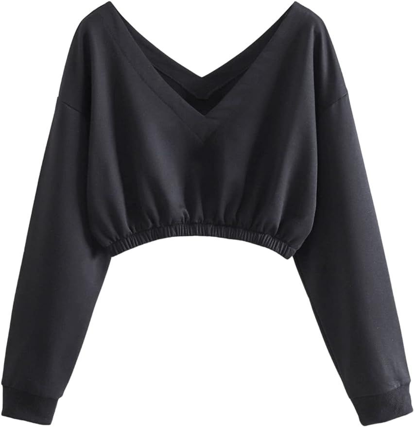SweatyRocks Women's Casual Long Sleeve V Neck Crop Top Solid Pullover Sweatshirt | Amazon (US)
