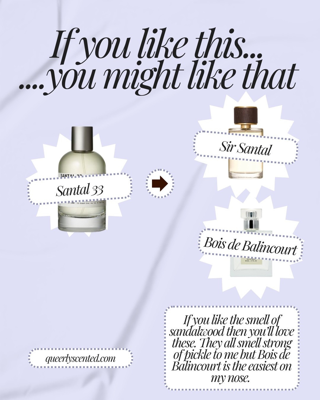 #paidlink SHOP these items on my website in bio 
If you like this...you might like that. 
I am not a Santal 33 lover but I do love sandalwood. Sir Santal smells very similar to Santal 33 for less. If you want something that has a similar vibe but doesn’t (to my nose) smell like pickles, Bois de Balincourt is great. I wear it with my fruity fragrances in the summer to last longer. 
.
.
#fragrancelover
#santalfeagrances
#perfumes
#signaturescent
 

#LTKselfcare #LTKSpringSale #LTKBeauty