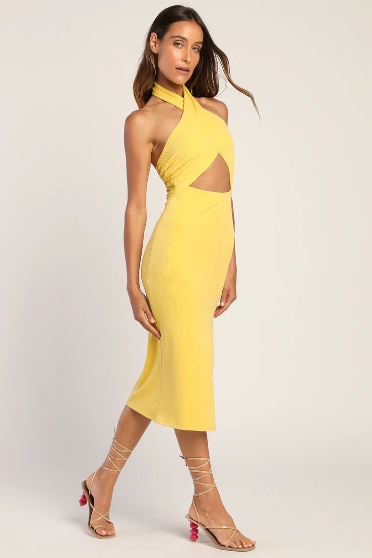 Catching Glances Yellow Ribbed Dress Yellow Midi Dress Cocktail Midi Dress Yellow Cocktail Dress | Lulus