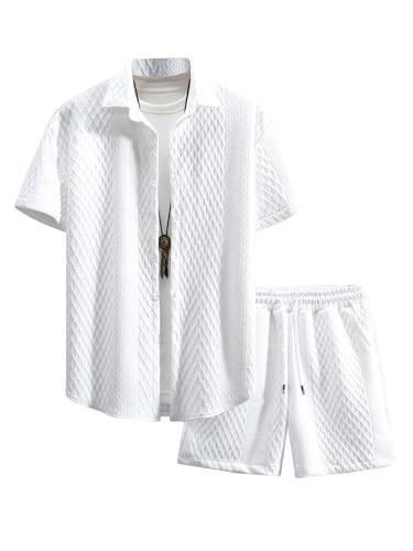 GORGLITTER Men's 2 Piece Outfits Waffle Knit Button Down Shirt Top and Shorts Set | Amazon (US)