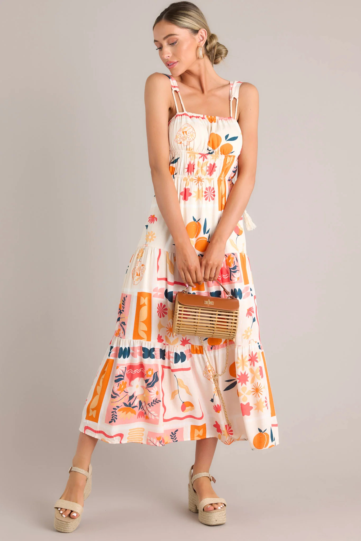 Summer Squeeze Apricot Multi Print Tiered Midi Dress | Red Dress