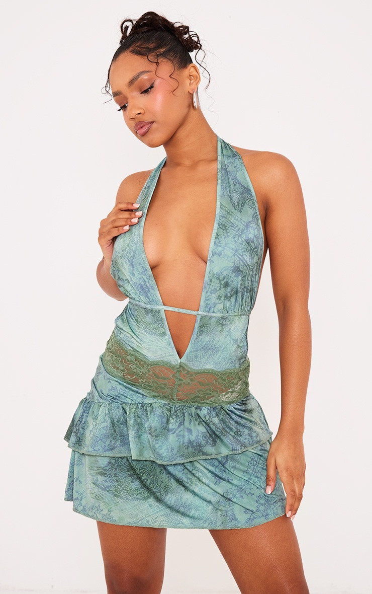 Green Print Slinky Lace Panel Halter Neck Mini Dress | PrettyLittleThing UK