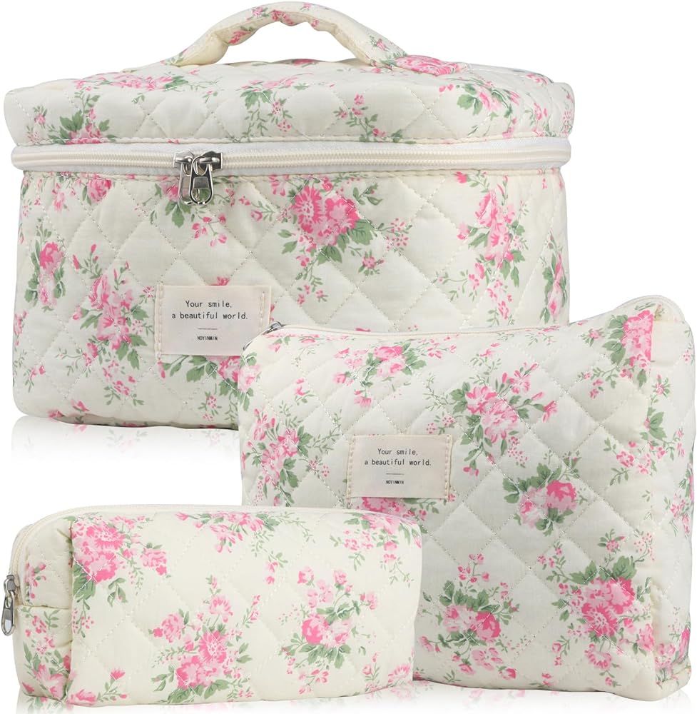 NOYINMIN Cute Makeup Bag for Women(3 Pcs), Quilted Floral Coquette Aesthetic Make up Bags, Travel... | Amazon (US)