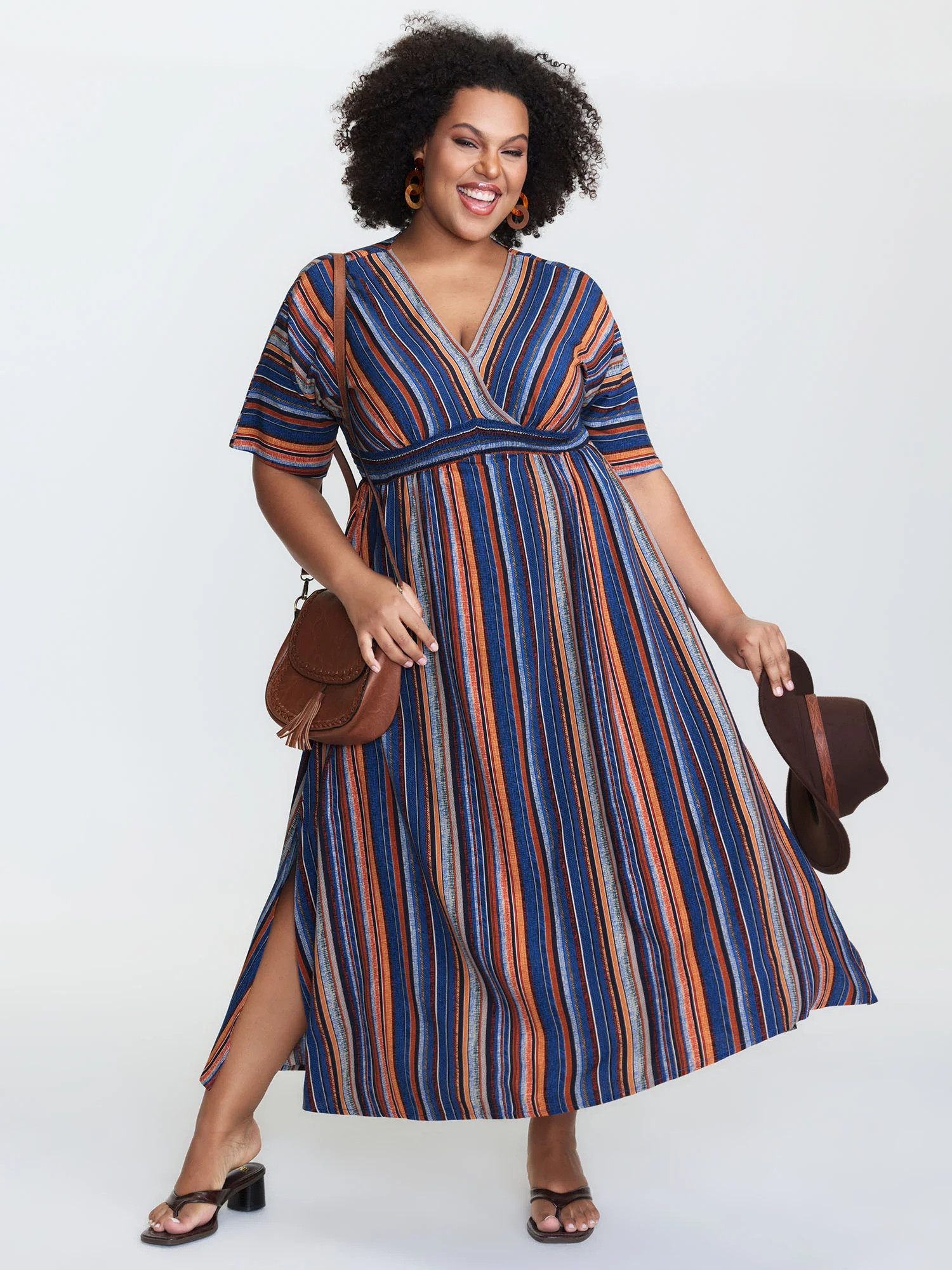 Striped Contrast Dolman Sleeve Shirred Pocket Split Flutter Dress | Bloomchic