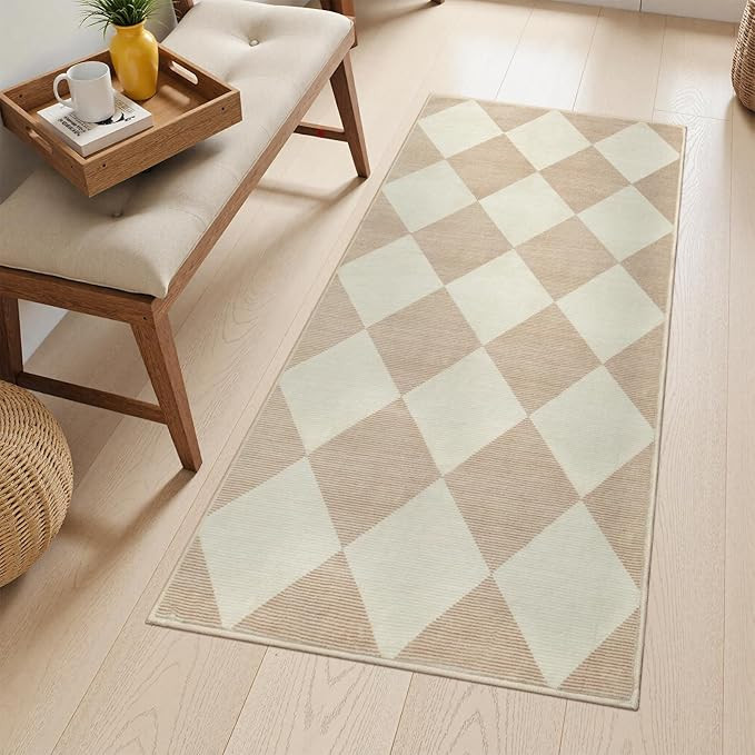 Beeiva Checkered Print Washable Runners for Hallways 2x4, Ultra Thin Beige Small Rugs for Entrywa... | Amazon (US)