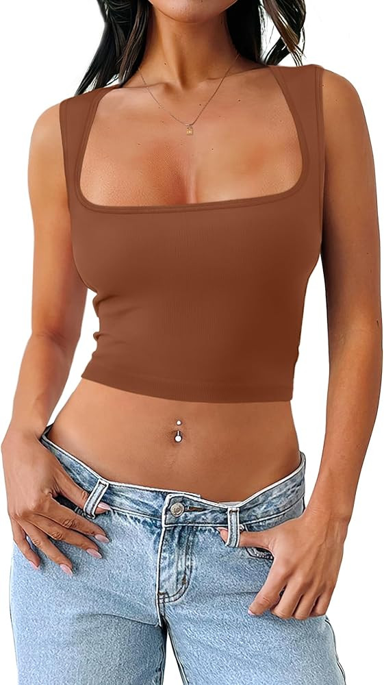 SAMPEEL Womens Square Neck Crop Tops Sleeveless Seamless Going Out Tank Tops Trendy | Amazon (US)