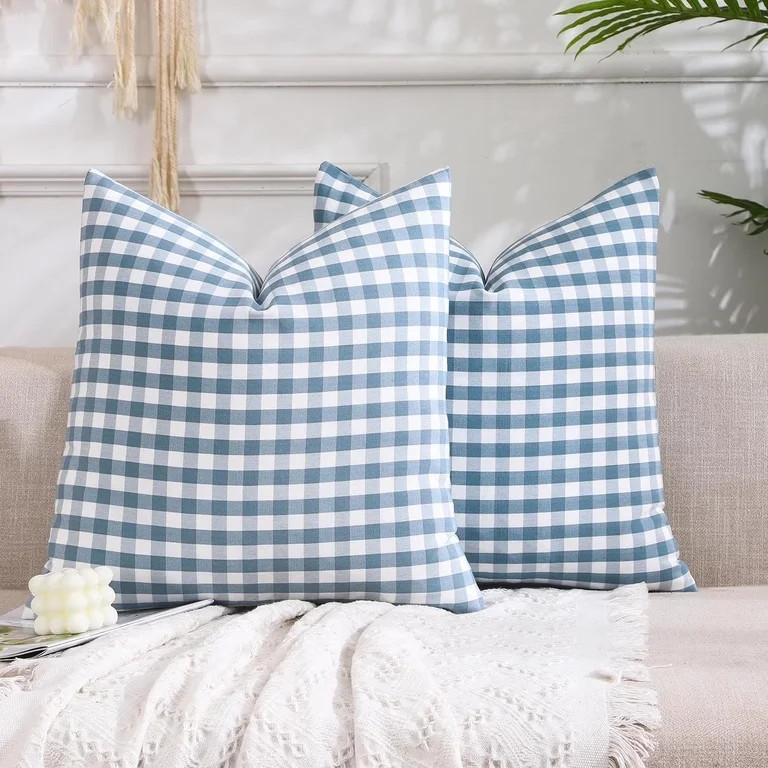 Aarocafa - Blue Gingham Pillow Cover Set (2-Pack) - Faux Linen Fabric with Crisp Checkered Patter... | Walmart (US)