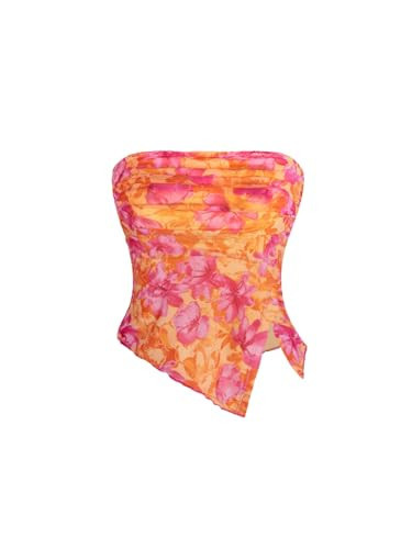 Milumia Women Floral Mesh Strapless Ruched Tube Top Split Hem Sleeveless Bandeau Crop Tops Light Pink Brown Medium | Amazon (US)