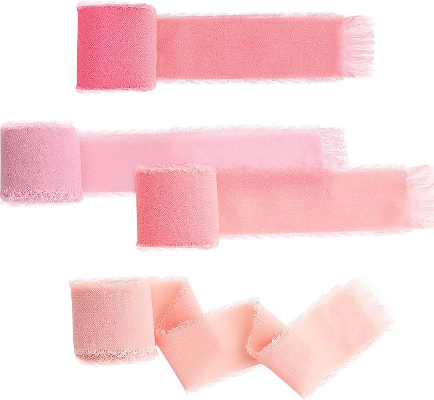 4 Rolls Handmade Fringe Chiffon Ribbon 1.5 Inch 7 Yards Pink Silk Frayed Ribbon Rustic Wrapping R... | Amazon (US)