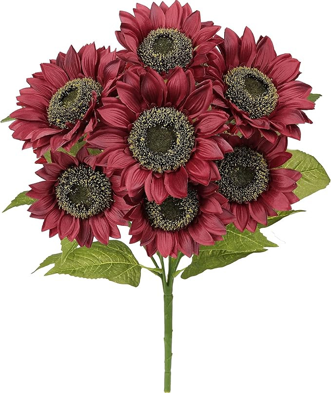 Large Artificial Sunflower Bouquet 7 Fake Flower Heads, Red Faux Silk Sunlower Flowers, Realistic... | Amazon (UK)