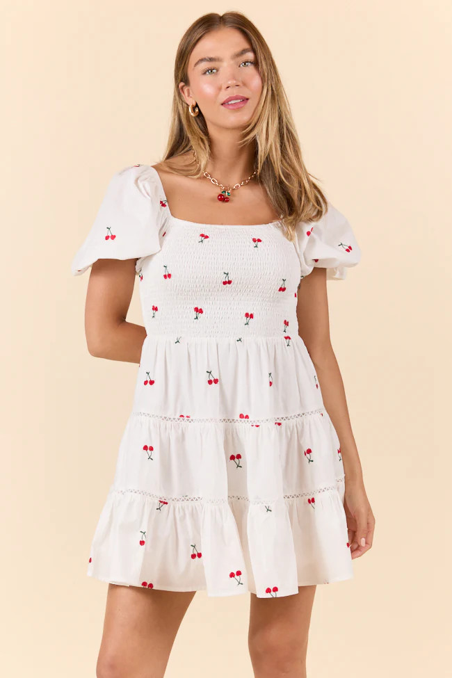Cherry To My Cola Embroidered Ivory Dress | Pink Lily