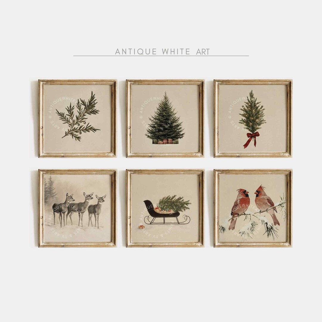 Christmas Prints, Vintage Set of 6 Printable Square Gallery Wall Art, Christmas Tree Sketches, Fa... | Etsy (US)