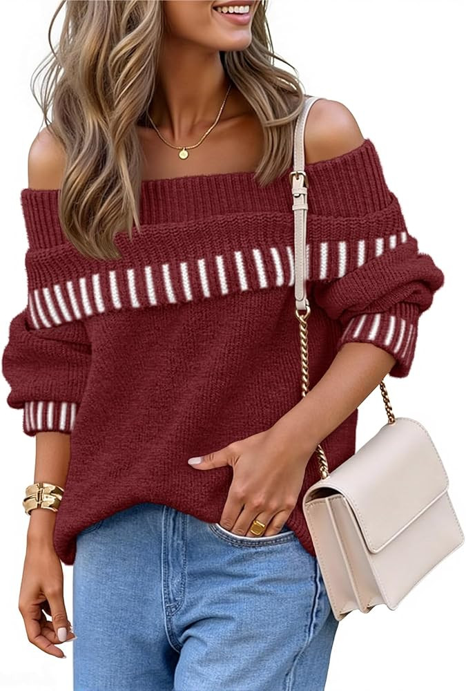 MEROKEETY Women's Off Shoulder Sweater 2025 Fall Winter Fashion Oversized Ribbed Knit Striped Pul... | Amazon (US)