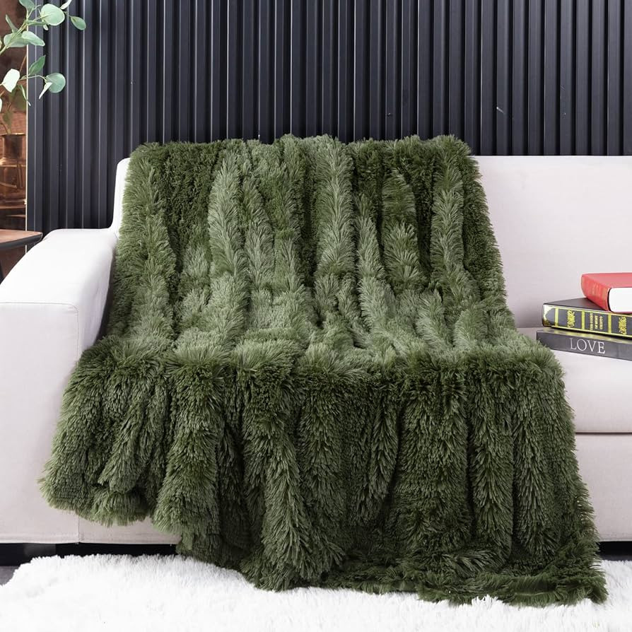 YUSOKI Olive Green Faux Fur Throw Blanket,2 Layers,50" x 60" Cozy Plush Fluffy Blanket Furry Fuzz... | Amazon (US)