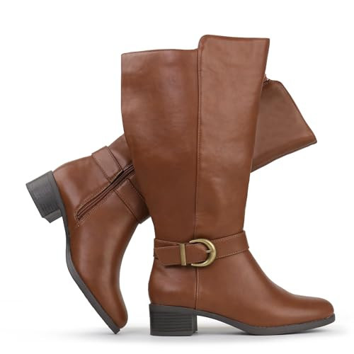 Hawkwell Women's Extra Wide Calf Pull On Side Zipper Knee High Boots, Cognac PU, 11 M US | Amazon (US)