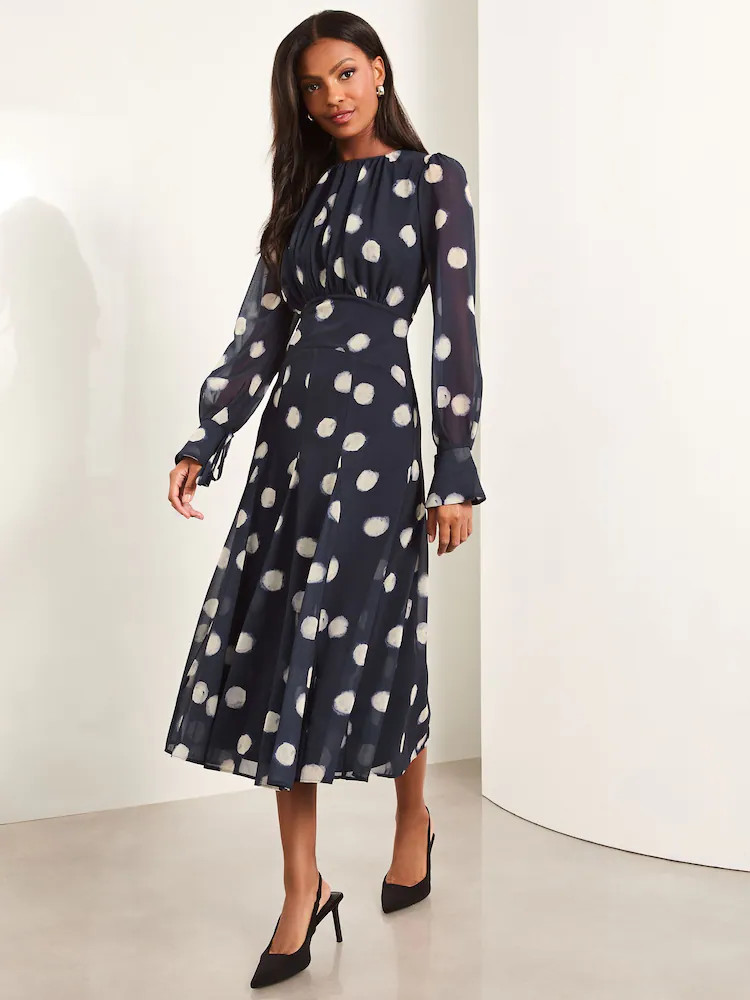 Lipsy Navy Blue Long Sleeve Underbust Fit And Flare Midi Dress | Next US