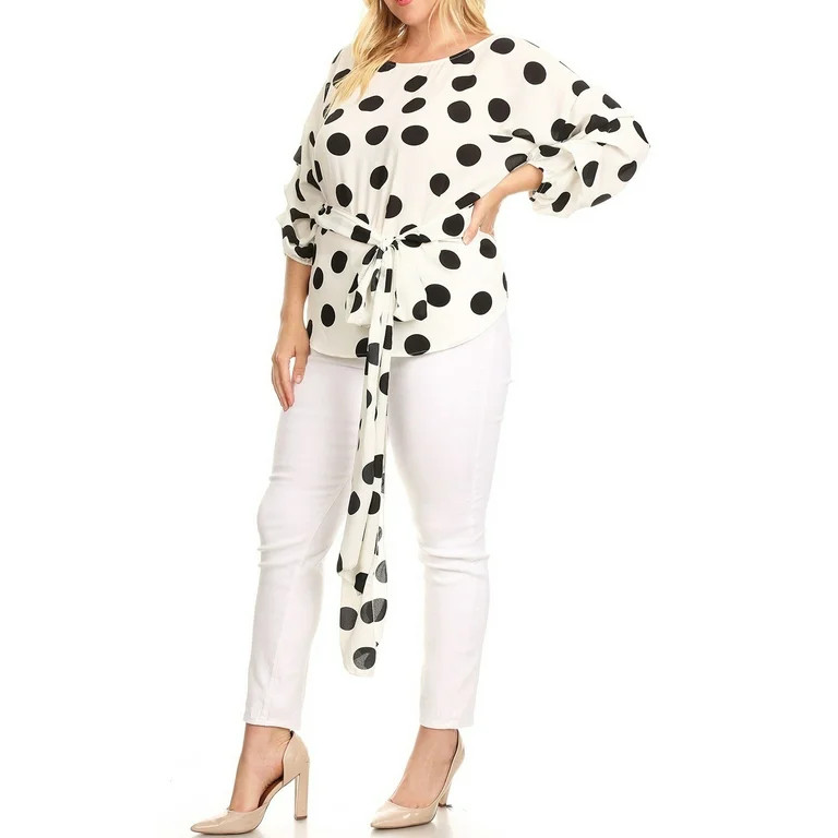 eVogues Plus Size Round Neck Chiffon Wrap Back Top Polka Dot Print White | Walmart (US)