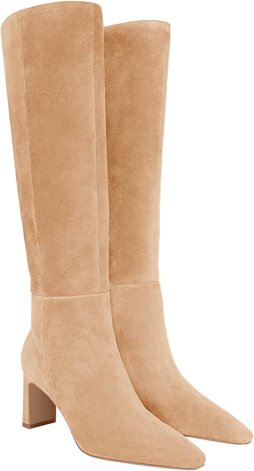 Coutgo Womens Knee High Boots Closed Pointed Toe Chunky Heel Tall Boots Side Zipper Fall Dress Boot Shoes | Amazon (US)