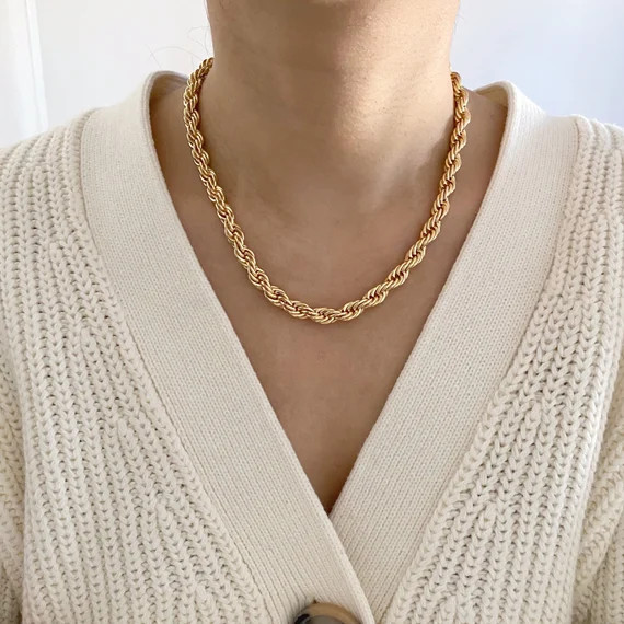 Jumbo 7mm Gold Rope Chain Necklace | Thick Rope Chain Necklace | Chunky Twisted Chain Necklace | ... | Etsy (US)