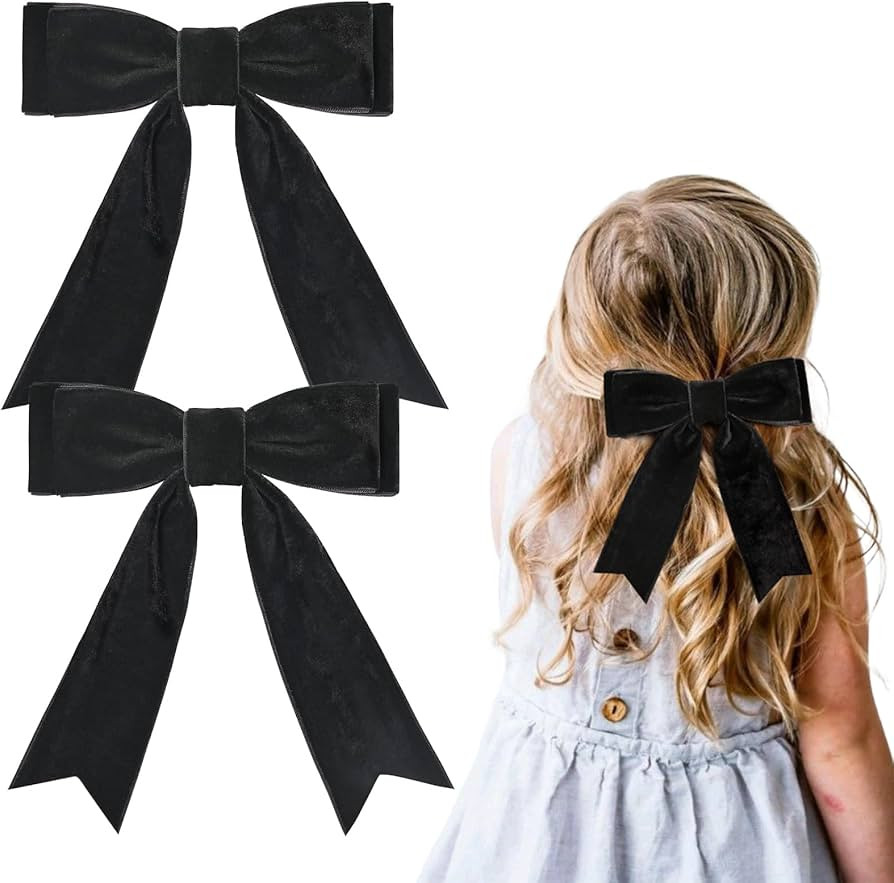 2PCS 5" Velvet Black Hair Bows Girls Hair Clips Ponytail Holder Accessories for Girls Toddlers | Amazon (US)