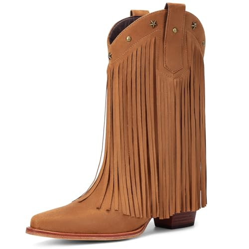 Bybmorto Brown Fringe Cowboy Boots for Women – Star Studded Mid Calf Cowgirl Booties with Pointed Toe and Chunky Heel, Fashionable Western Style for Country Music Festivals, Size 9.5 | Amazon (US)