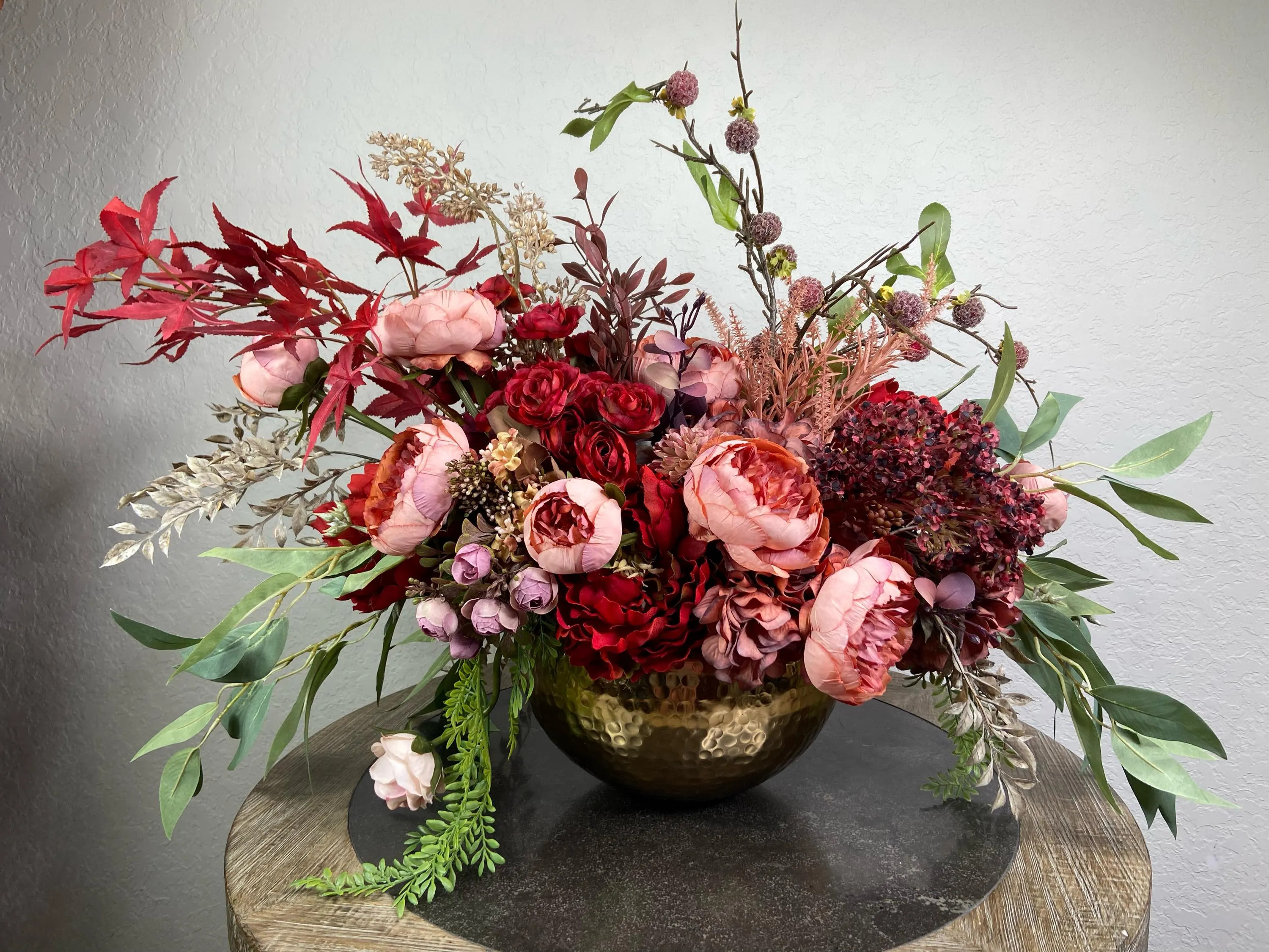 Artificial Floral Centerpiece, 28-Inch Round Gold Vessel with Hydrangeas Peonies Roses | Etsy (Global)