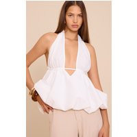 White Woven Plunge Halter Neck Puffball Top | PrettyLittleThing US