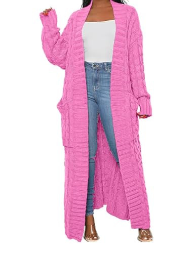 HRESSLBD Stylish Cable Knit Dual Pocket Cardigan Women, Hot Pink Cardigan for Women, Light Pink Cardigan, Hot Pink Cardigan, Light Pink Cardigan for Women, Pink Sweater Cardigan (Hot Pink, M) | Amazon (US)