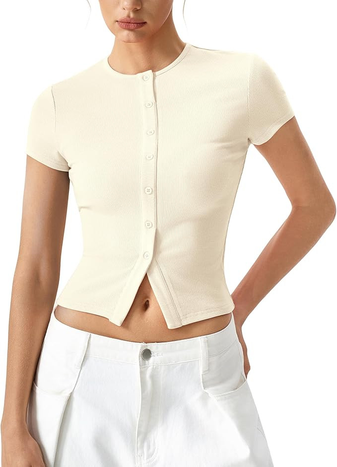 QINSEN Women's Crewneck Short Sleeve T Shirts Ribbed Button Going Out Trendy Tops | Amazon (US)