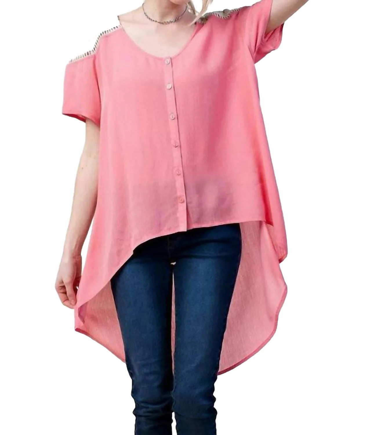 Lace Shoulder Blouse In Pink | Shop Simon