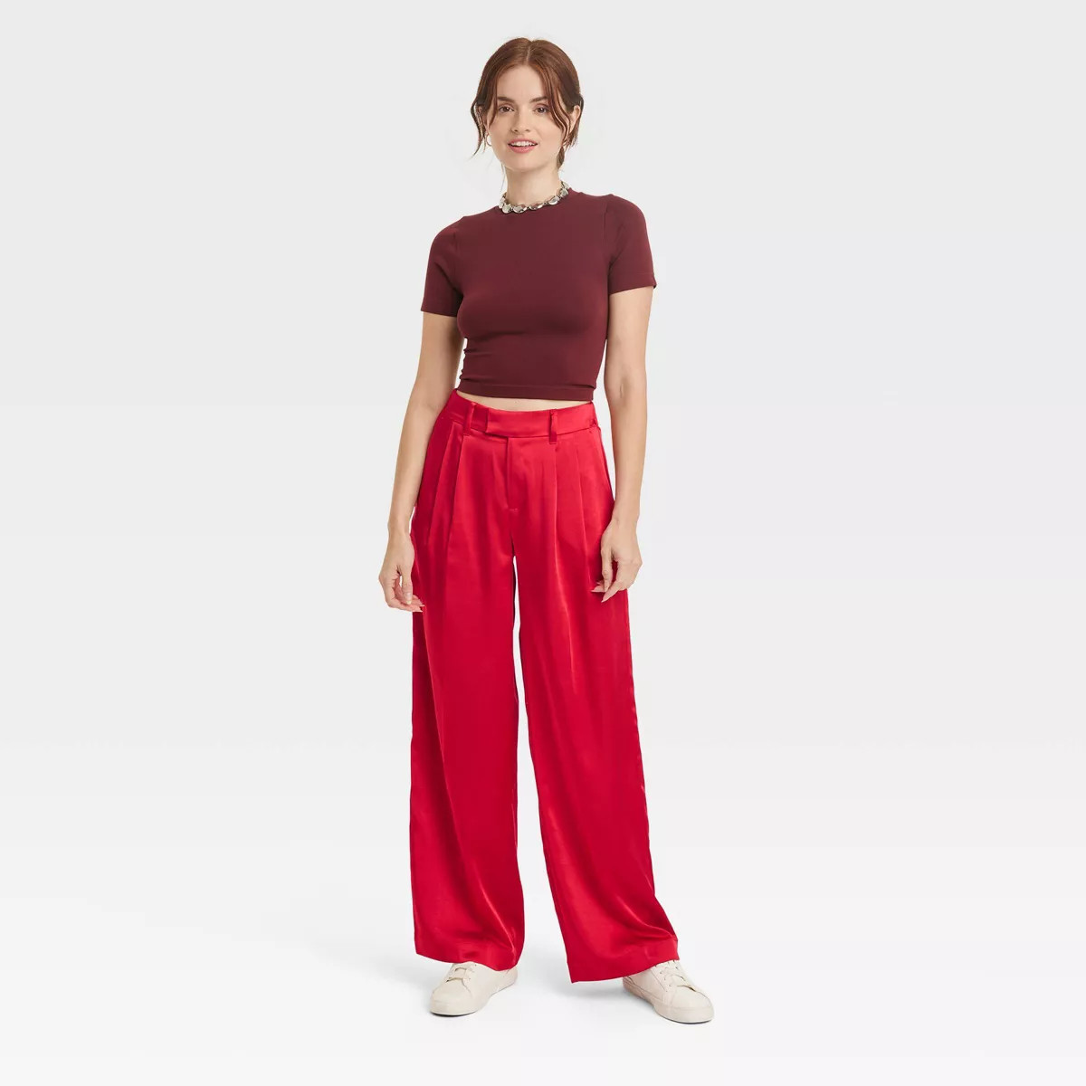 Women's High-Rise Wide Leg Satin Pants - A New Day™ Red 2 | Target