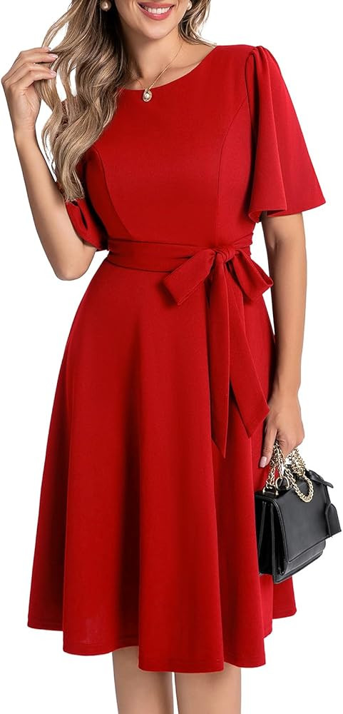 Bbonlinedress Cocktailkleid Damen Kurzarm midilang festlichs Kleid mit Gürtel Abendkleider elega... | Amazon (DE)