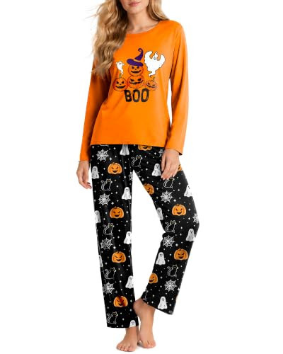 Mutkirapup Halloween Pajamas for Women Set Cute Pjs 2 Piece Lounge Sets Soft Long Sleeve Casual Crewneck Sleepwear Outfits Pumpkin Ghost M | Amazon (US)