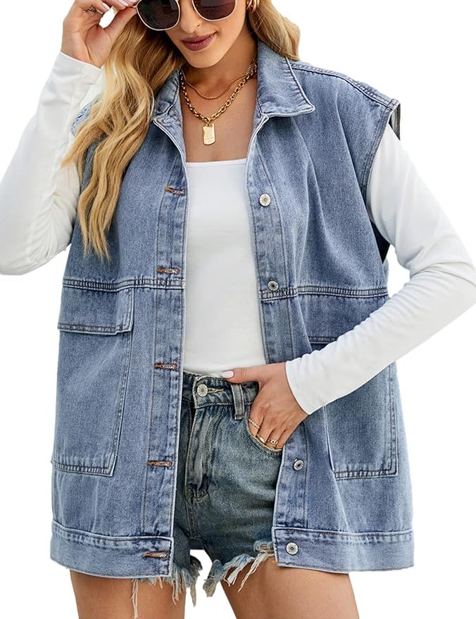 Zontroldy Denim Jean Vest for Women Oversized Sleeveless Button Down Denim Jean Vest Waistcoat Sh... | Amazon (US)