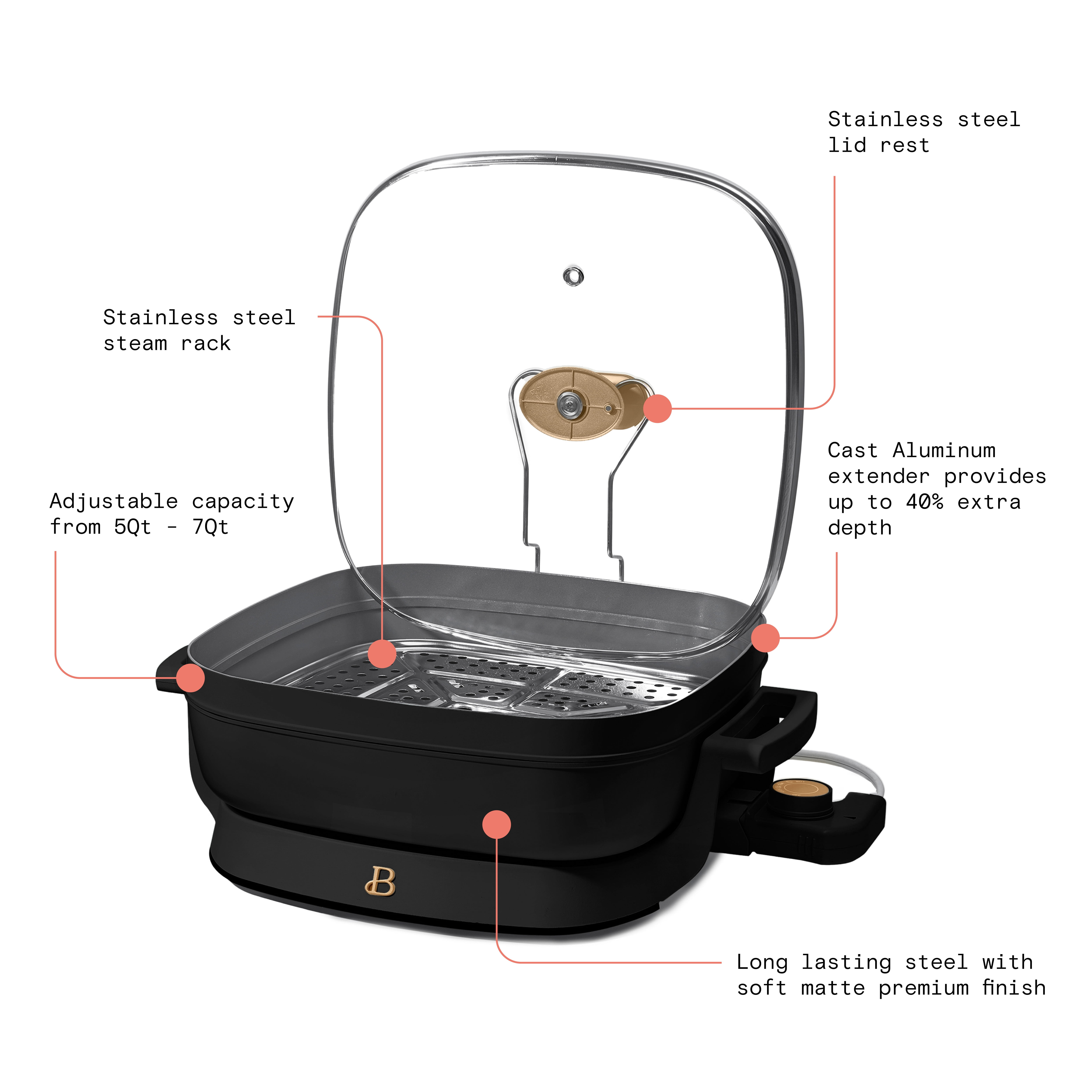 Beautiful 5 in 1 Electric Skillet - Expandable up to 7 Qt with Glass Lid, Black Sesame by Drew Ba... | Walmart (US)