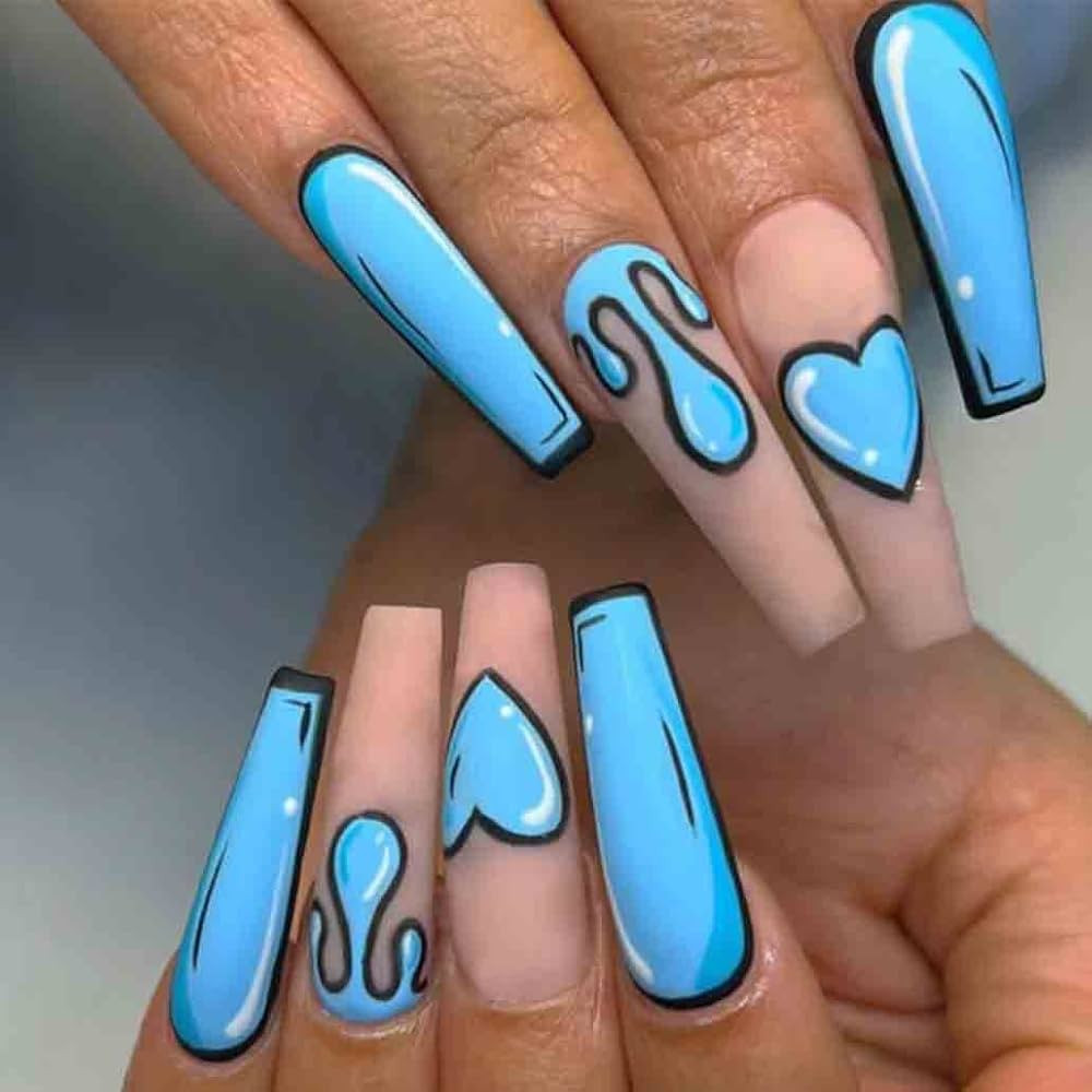 Foccna Comic Blue Press on Nails Extra Long, Acrylic Fake Nails Coffin Cartoon LOVE False Nails,A... | Amazon (US)